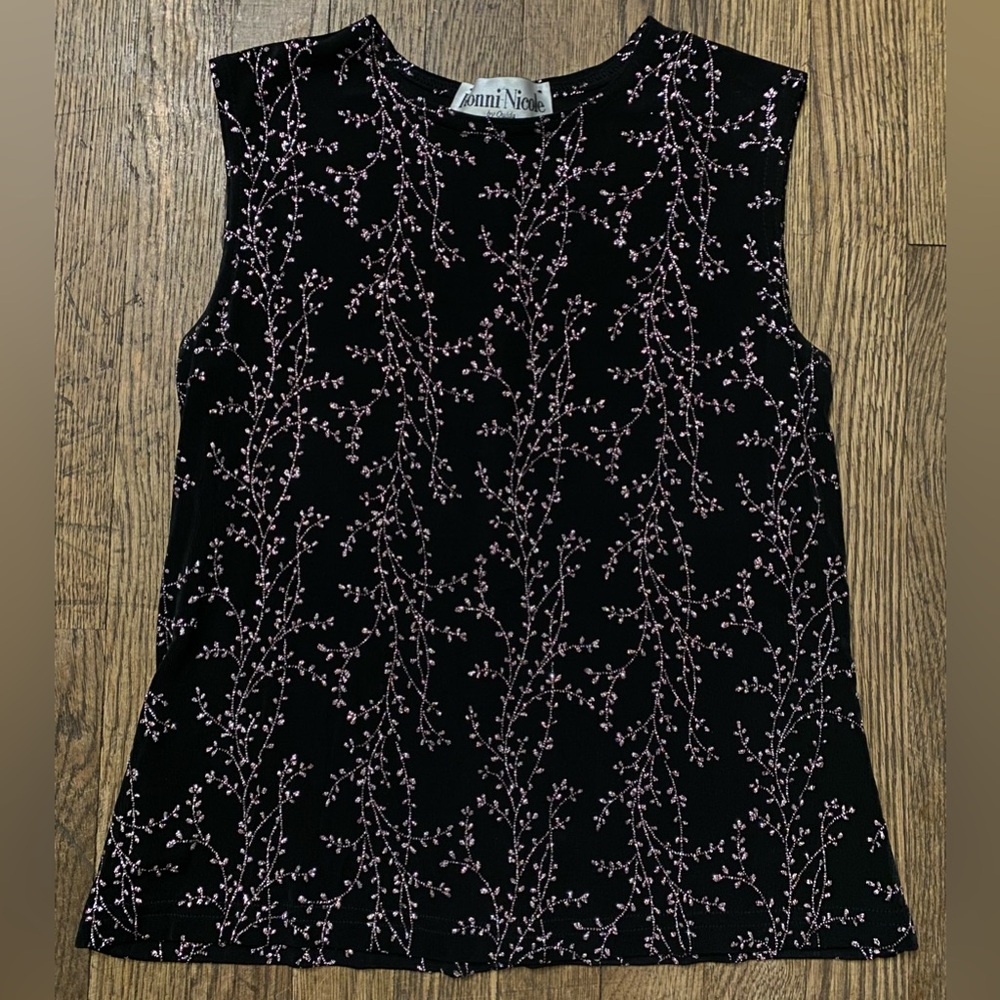 Ronni Nicole By Ouida / Black Evening Top / Glittered Flowers-Sleeveless
